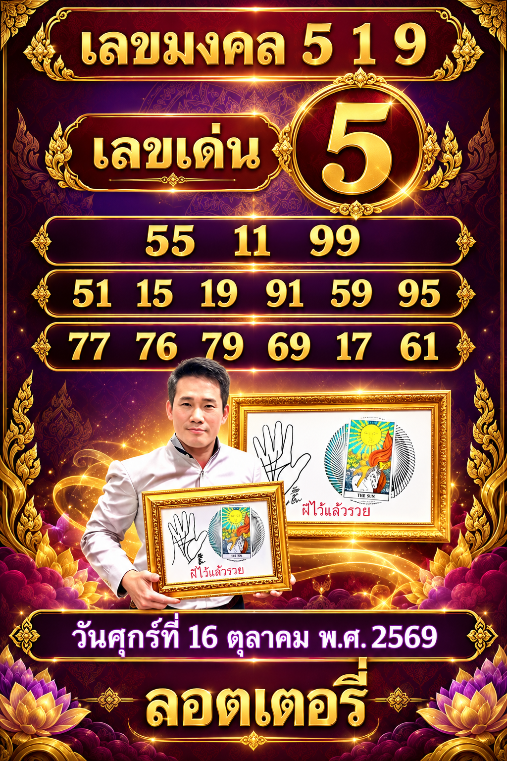 เลขลอตเตอรี่ “อ.มงคล รอดเที่ยงธรรม” งวดประจำวันศุกร์ที่ 16 ตุลาคม 2569
